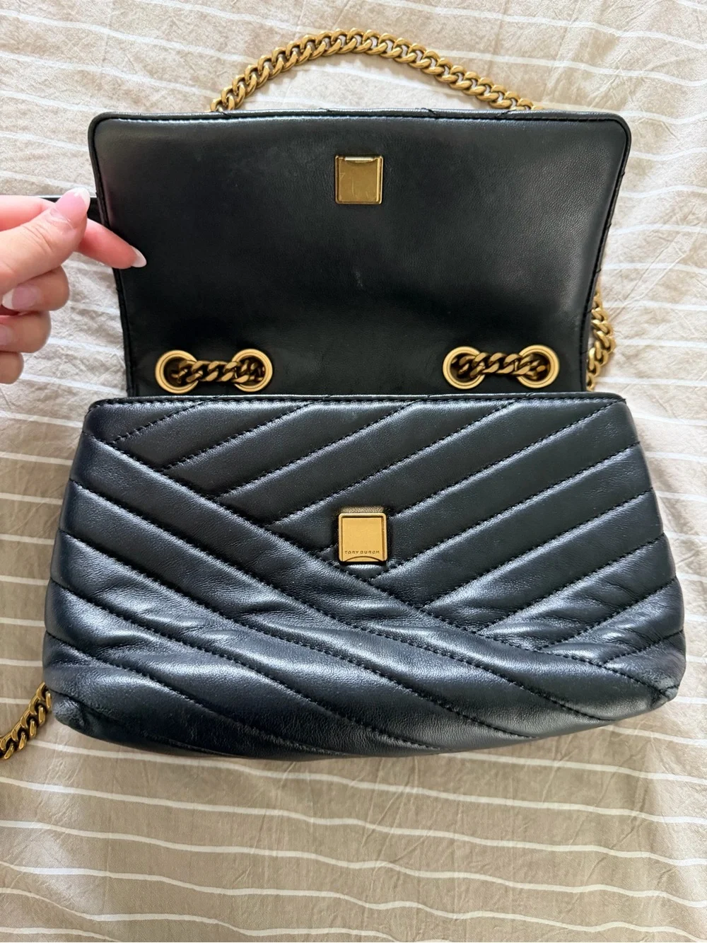 Tory Burch Black Quilted Leather Chain Shoulder Bag with Gold Hardware